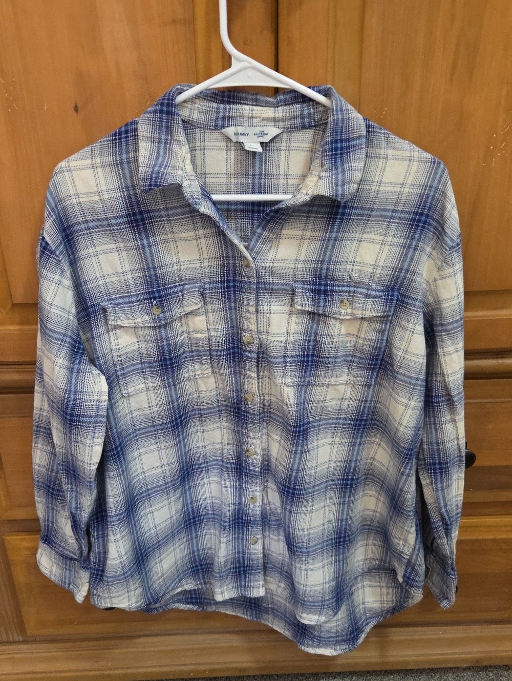 Old Navy Blue and White Plaid Button-Down Flannel Boyfriend Shirt Large